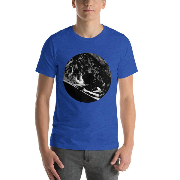 Unisex Starman t-shirt Inspired by the SpaceX Falcon Heavy Starman in a Tesla launched by Elon Musk. This men's shirt has a black and white image of the mannequin driving a Tesla Roadster in space in front of earth.  This shirt is colored Heather True Royal blue