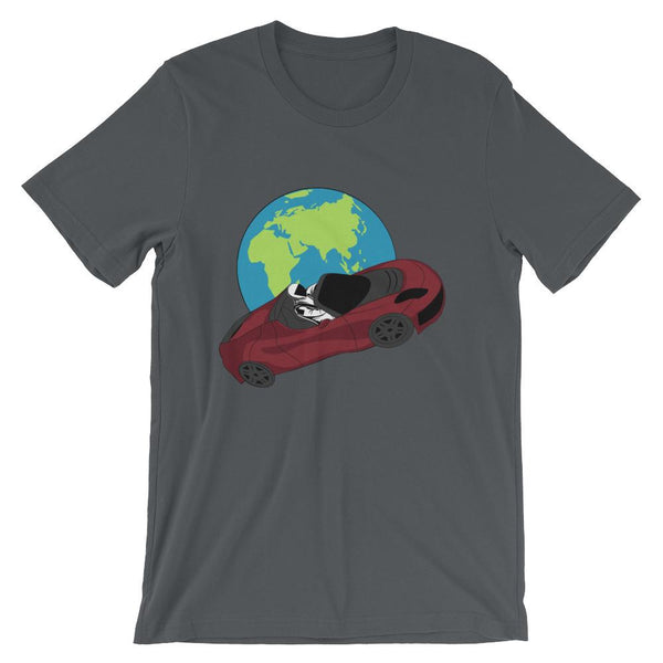 Starman t-shirt Inspired by the SpaceX Falcon Heavy Starman in a Tesla launched by Elon Musk. This unisex shirt has the astronaut mannequin driving a Tesla Roadster in space in front of earth. The shirt is colored asphalt