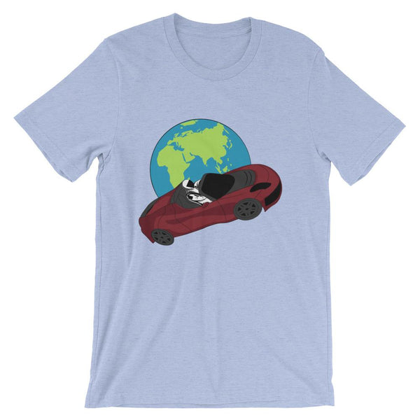 Starman t-shirt Inspired by the SpaceX Falcon Heavy Starman in a Tesla launched by Elon Musk. This unisex shirt has the astronaut mannequin driving a Tesla Roadster in space in front of earth. The shirt is colored heather blue