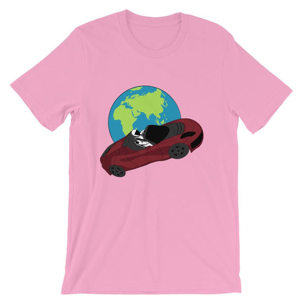 Starman t-shirt Inspired by the SpaceX Falcon Heavy Starman in a Tesla launched by Elon Musk. This unisex shirt has the astronaut mannequin driving a Tesla Roadster in space in front of earth. The shirt is colored pink