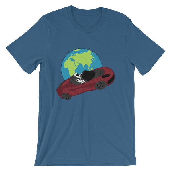 Starman t-shirt Inspired by the SpaceX Falcon Heavy Starman in a Tesla launched by Elon Musk. This unisex shirt has the astronaut mannequin driving a Tesla Roadster in space in front of earth. The shirt is colored steel blue