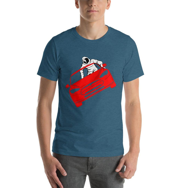 Cool shirt inspired the the SpaceX launch that left Elon Musk's Tesla Roadster in outer space - unisex heather deep teal colored t-shirt