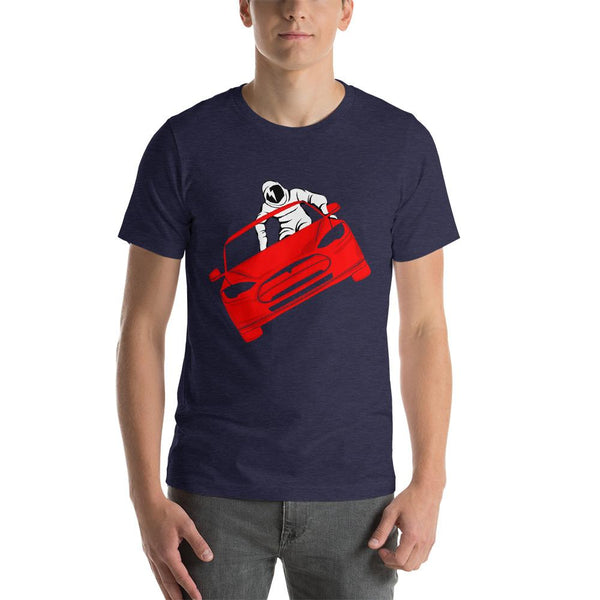 Cool shirt inspired the the SpaceX launch that left Elon Musk's Tesla Roadster in outer space - unisex heather midnight navy colored t-shirt