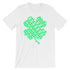 Fun shirt to wear to work on St Patrick's Day that has a green four leaf clover made up of the words I Pinch Back - Unisex white colored t-shirt
