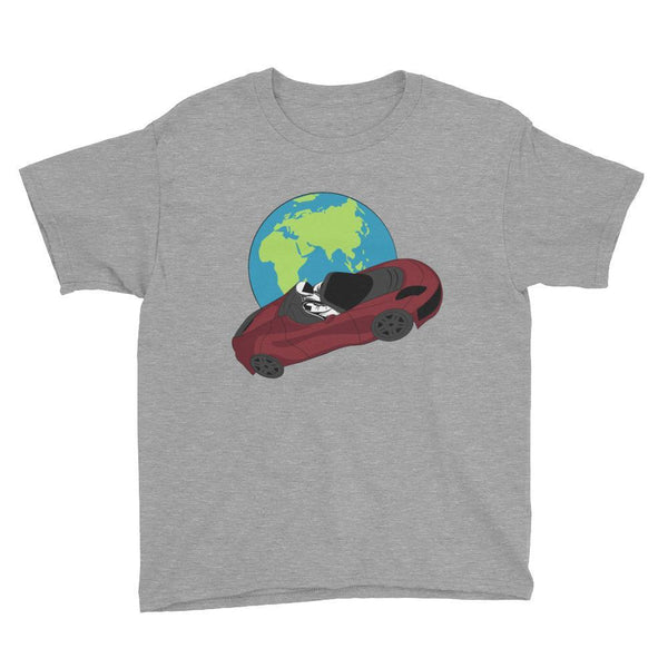 Kid's starman t-shirt Inspired by the SpaceX Falcon Heavy Starman in a Tesla launched by Elon Musk. This children's shirt has the astronaut mannequin driving a Tesla Roadster in space in front of earth. The shirt is colored grey