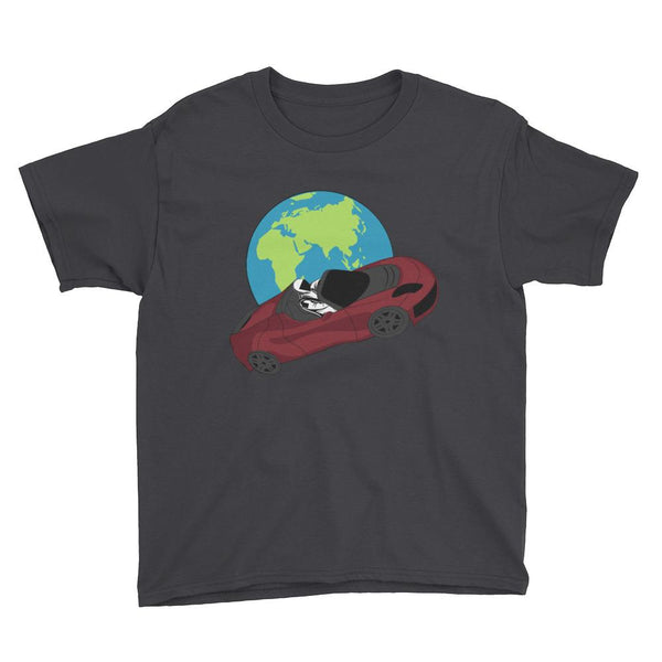 Kid's starman t-shirt Inspired by the SpaceX Falcon Heavy Starman in a Tesla launched by Elon Musk. This children's shirt has the astronaut mannequin driving a Tesla Roadster in space in front of earth. The shirt is colored black