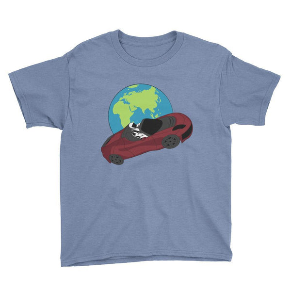 Kid's starman t-shirt Inspired by the SpaceX Falcon Heavy Starman in a Tesla launched by Elon Musk. This children's shirt has the astronaut mannequin driving a Tesla Roadster in space in front of earth. The shirt is colored Heather Royal blue