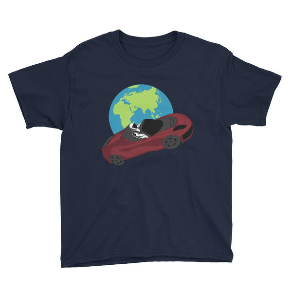 Kid's starman t-shirt Inspired by the SpaceX Falcon Heavy Starman in a Tesla launched by Elon Musk. This children's shirt has the astronaut mannequin driving a Tesla Roadster in space in front of earth. The shirt is colored navy