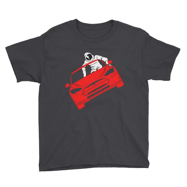 Starman Youth Tee for Space Lovers Inspired by the SpaceX Starman in a Tesla launched by Elon Musk. This kids shirt has the astronaut driving a Tesla Roadster in space with a David Bowie tattoo on his face. The shirt is colored black