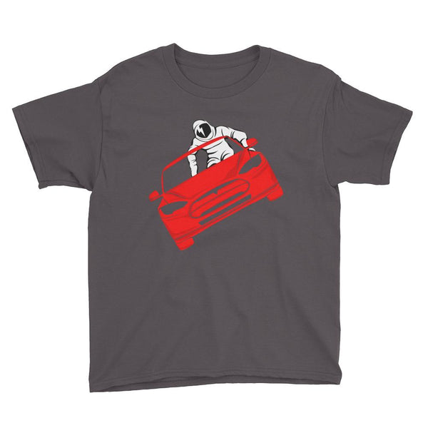 Starman Youth Tee for Space Lovers Inspired by the SpaceX Starman in a Tesla launched by Elon Musk. This kids shirt has the astronaut driving a Tesla Roadster in space with a David Bowie tattoo on his face. The shirt is colored charcoal