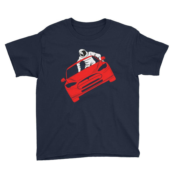 Starman Youth Tee for Space Lovers Inspired by the SpaceX Starman in a Tesla launched by Elon Musk. This kids shirt has the astronaut driving a Tesla Roadster in space with a David Bowie tattoo on his face. The shirt is colored navy