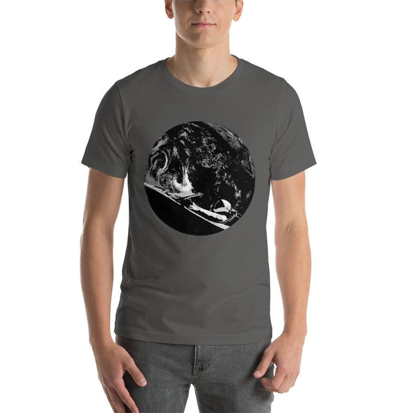 Unisex Starman t-shirt Inspired by the SpaceX Falcon Heavy Starman in a Tesla launched by Elon Musk. This men's shirt has a black and white image of the mannequin driving a Tesla Roadster in space in front of earth.  This shirt is colored Asphalt