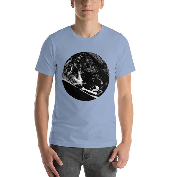 Unisex Starman t-shirt Inspired by the SpaceX Falcon Heavy Starman in a Tesla launched by Elon Musk. This men's shirt has a black and white image of the mannequin driving a Tesla Roadster in space in front of earth.  This shirt is colored Baby Blue