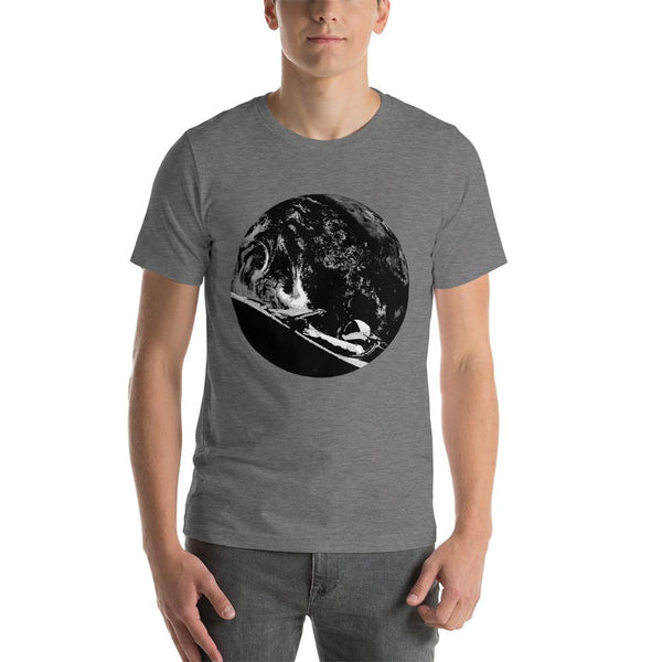 Unisex Starman t-shirt Inspired by the SpaceX Falcon Heavy Starman in a Tesla launched by Elon Musk. This men's shirt has a black and white image of the mannequin driving a Tesla Roadster in space in front of earth.  This shirt is colored Deep Heather