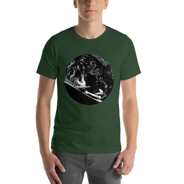 Unisex Starman t-shirt Inspired by the SpaceX Falcon Heavy Starman in a Tesla launched by Elon Musk. This men's shirt has a black and white image of the mannequin driving a Tesla Roadster in space in front of earth.  This shirt is colored Forest green