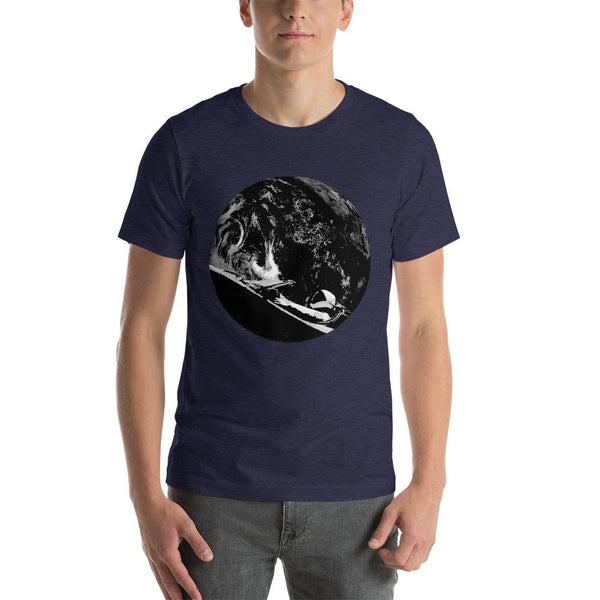 Unisex Starman t-shirt Inspired by the SpaceX Falcon Heavy Starman in a Tesla launched by Elon Musk. This men's shirt has a black and white image of the mannequin driving a Tesla Roadster in space in front of earth.  This shirt is colored Heather Midnight Navy blue