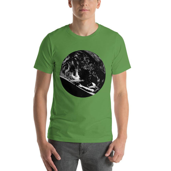 Unisex Starman t-shirt Inspired by the SpaceX Falcon Heavy Starman in a Tesla launched by Elon Musk. This men's shirt has a black and white image of the mannequin driving a Tesla Roadster in space in front of earth.  This shirt is colored leaf green