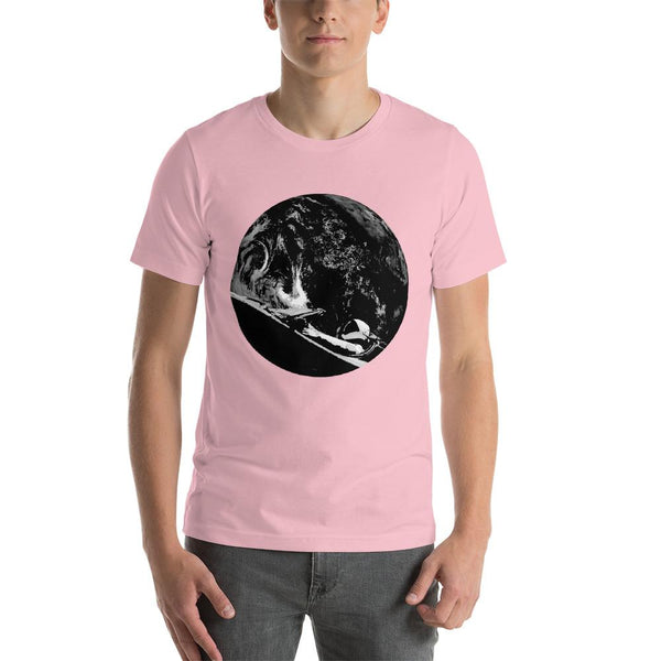 Unisex Starman t-shirt Inspired by the SpaceX Falcon Heavy Starman in a Tesla launched by Elon Musk. This men's shirt has a black and white image of the mannequin driving a Tesla Roadster in space in front of earth.  This shirt is colored Pink