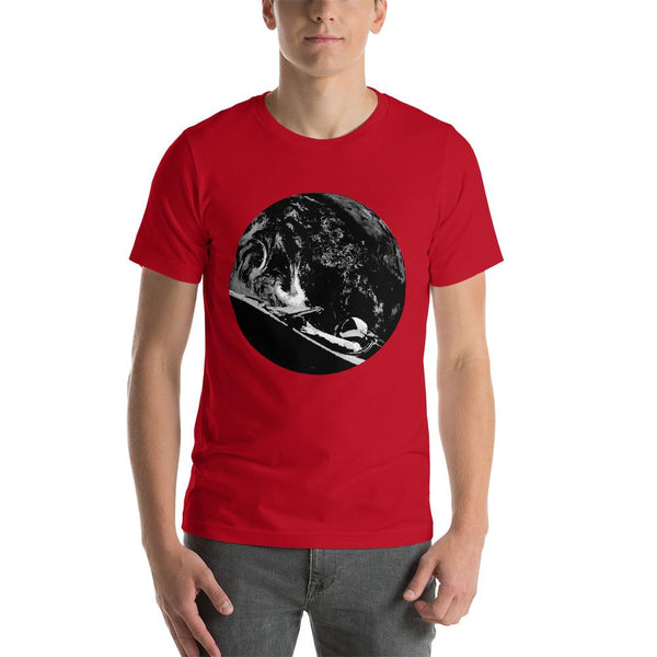 Unisex Starman t-shirt Inspired by the SpaceX Falcon Heavy Starman in a Tesla launched by Elon Musk. This men's shirt has a black and white image of the mannequin driving a Tesla Roadster in space in front of earth.  This shirt is colored Red