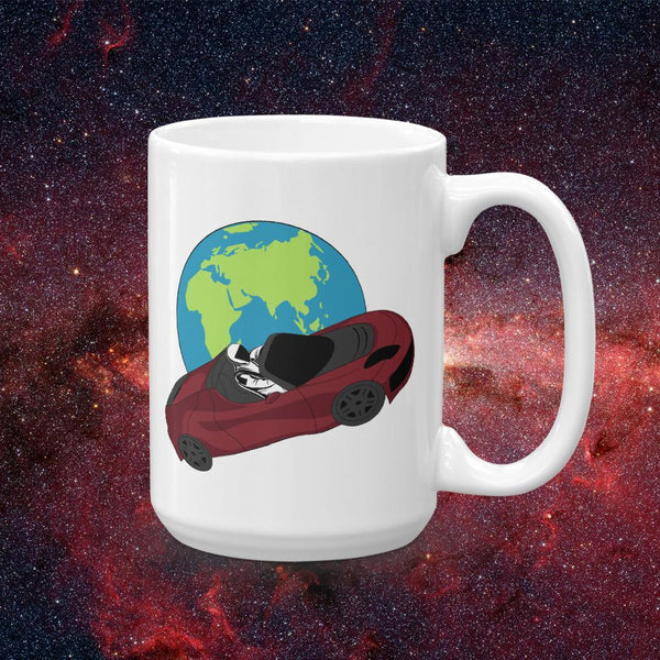 Starman coffee mug Inspired by the SpaceX Falcon Heavy Starman in a Tesla launched by Elon Musk. This mug has the astronaut mannequin driving a Tesla Roadster in space in front of earth.