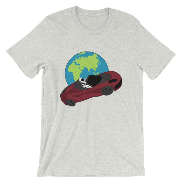 Starman t-shirt Inspired by the SpaceX Falcon Heavy Starman in a Tesla launched by Elon Musk. This unisex shirt has the astronaut mannequin driving a Tesla Roadster in space in front of earth. The shirt is colored ash