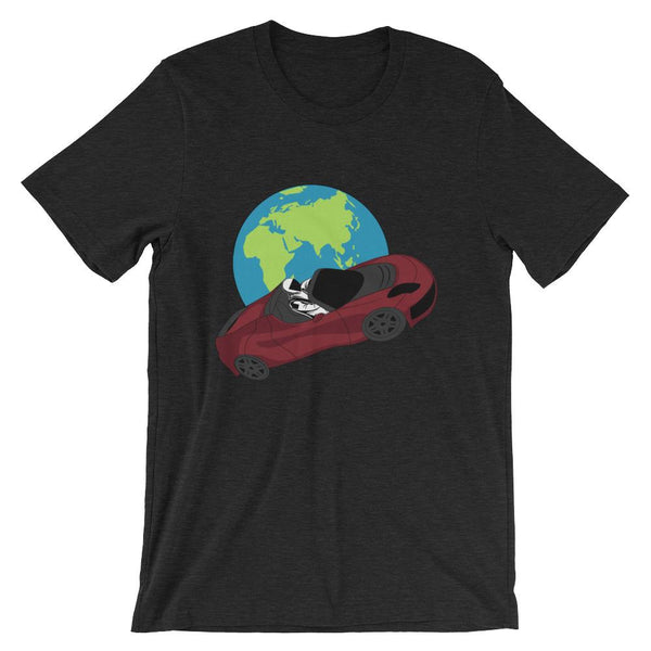 Starman t-shirt Inspired by the SpaceX Falcon Heavy Starman in a Tesla launched by Elon Musk. This unisex shirt has the astronaut mannequin driving a Tesla Roadster in space in front of earth. The shirt is colored black
