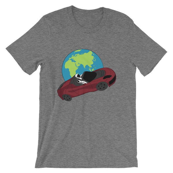 Starman t-shirt Inspired by the SpaceX Falcon Heavy Starman in a Tesla launched by Elon Musk. This unisex shirt has the astronaut mannequin driving a Tesla Roadster in space in front of earth. The shirt is colored Deep Heather
