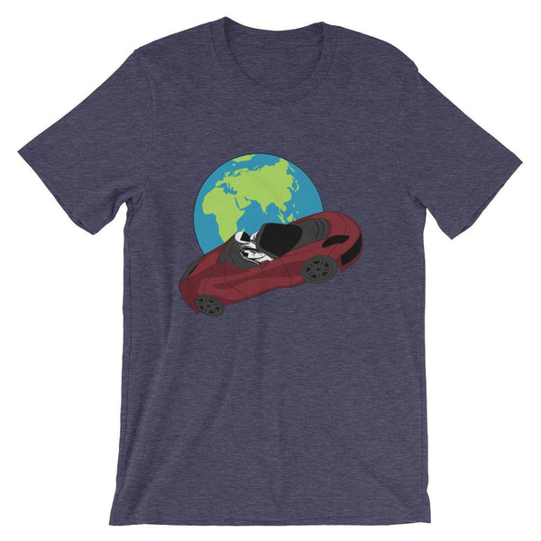 Starman t-shirt Inspired by the SpaceX Falcon Heavy Starman in a Tesla launched by Elon Musk. This unisex shirt has the astronaut mannequin driving a Tesla Roadster in space in front of earth. The shirt is colored Heather Midnight Navy