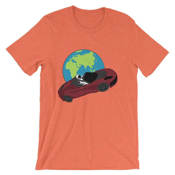 Starman t-shirt Inspired by the SpaceX Falcon Heavy Starman in a Tesla launched by Elon Musk. This unisex shirt has the astronaut mannequin driving a Tesla Roadster in space in front of earth. The shirt is colored heather orange