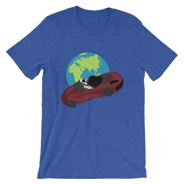 Starman t-shirt Inspired by the SpaceX Falcon Heavy Starman in a Tesla launched by Elon Musk. This unisex shirt has the astronaut mannequin driving a Tesla Roadster in space in front of earth. The shirt is colored Heather True Royal