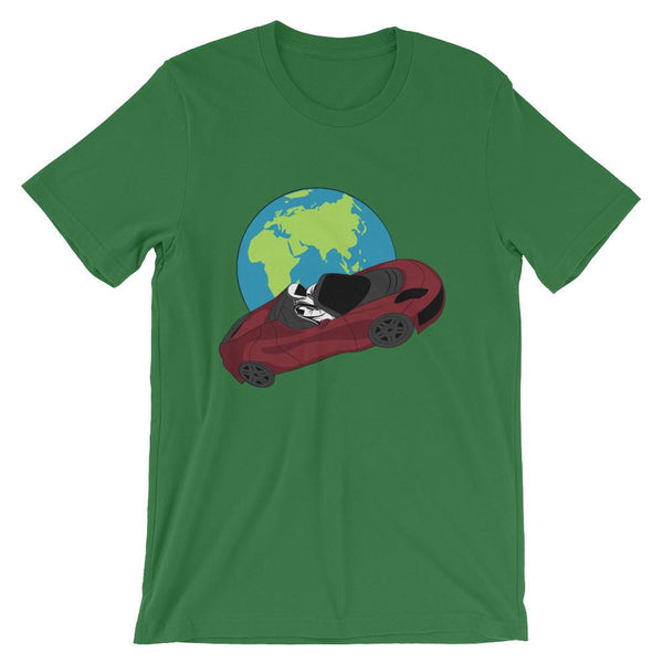 Starman t-shirt Inspired by the SpaceX Falcon Heavy Starman in a Tesla launched by Elon Musk. This unisex shirt has the astronaut mannequin driving a Tesla Roadster in space in front of earth. The shirt is colored leef green