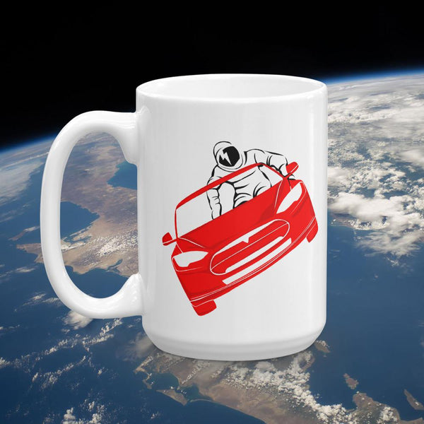Starman mug inspired by the SpaceX Falcon Heavy Starman in a Tesla launched by Elon Musk. This coffee mug has the astronaut mannequin driving a Tesla Roadster in space with a David Bowie tattoo on his face. 