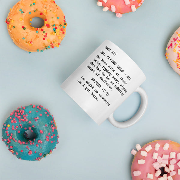 Screenwriter gift - coffee mug for screenwriters with coffee shop scene in script format - 11oz lifestyle image with donuts