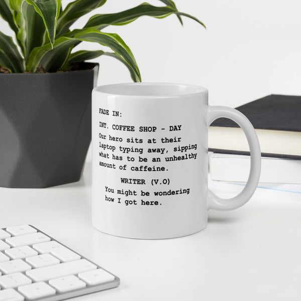 Screenwriter gift - coffee mug for screenwriters with coffee shop scene in script format - 11oz lifestyle desk writing area image