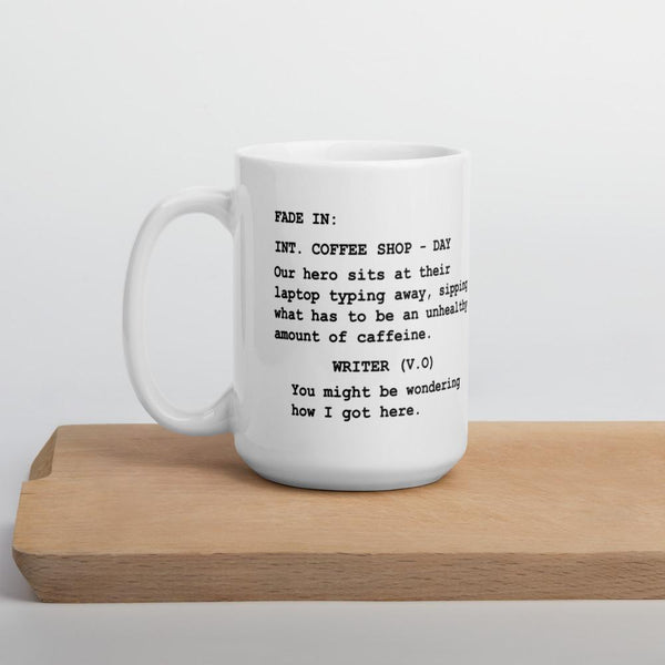 Screenwriter gift - coffee mug for screenwriters with coffee shop scene in script format - 15oz lifestyle image