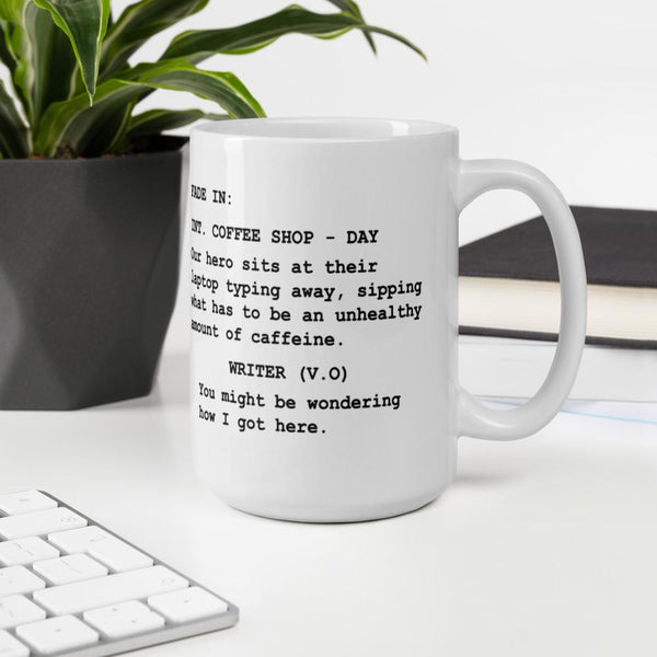 Screenwriter coffee mug - gift for screenwriters with coffee shop scene in script format - 15oz lifestyle desk writing area mage